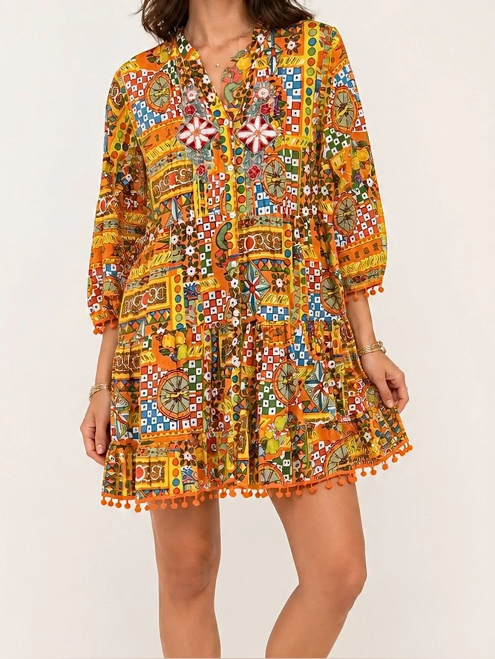 Colori Di Mare Majolica Print Embellished Mini Dress Boho Tassel Hem Tunic - Picture 3 of 13
